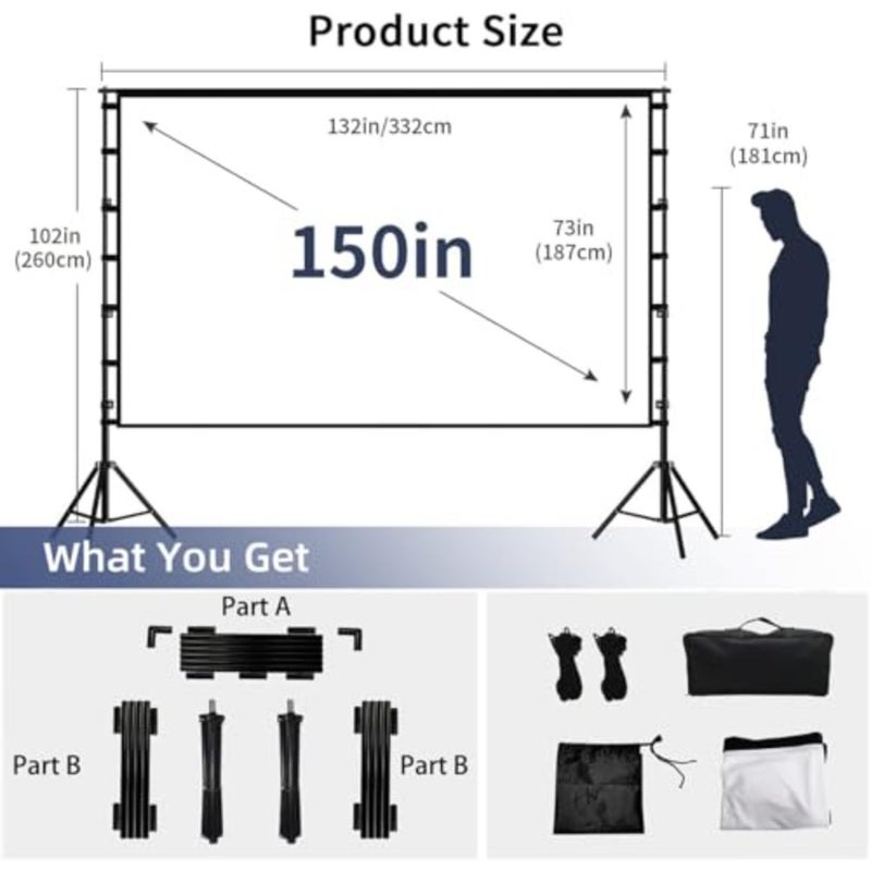 Projector Screen and Stand, 150 inch Large Indoor Movie Projection Screen, 16: 9 4K Wrinkle-Free Design for Outdoor Yard Movie Night and Outdoor Camping, Conference, Office - Image 5