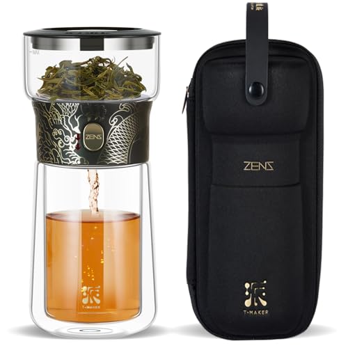 ZENS Cool Glass Teapot with Infuser, Smart One Touch Tea Maker for Loose Tea Diffusers with Insulated Mug and Portable Tea Kits, Enchanted Teapot Alternatives for Tea Lover Gifts - Image 1