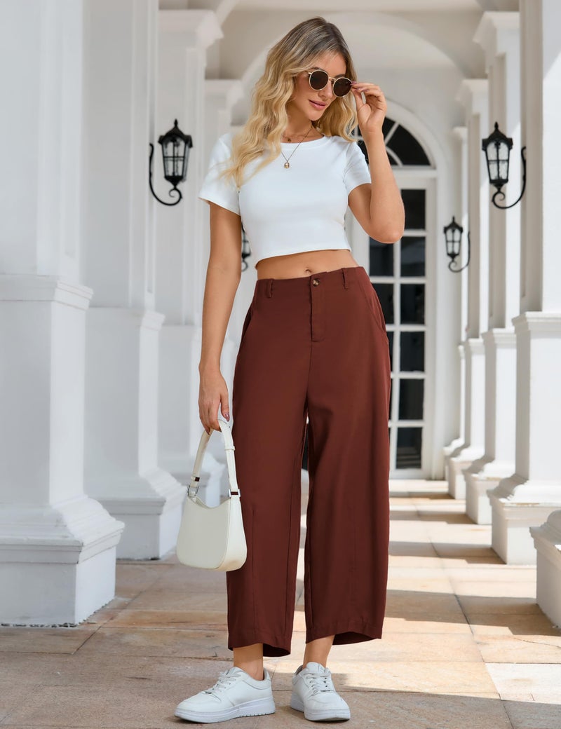 Tanming Womens Linen Pants Casual Capri Baggy Wide Leg Trousers Palazzo Pants Beach Vacation Outfits (Rust-L) - Image 5