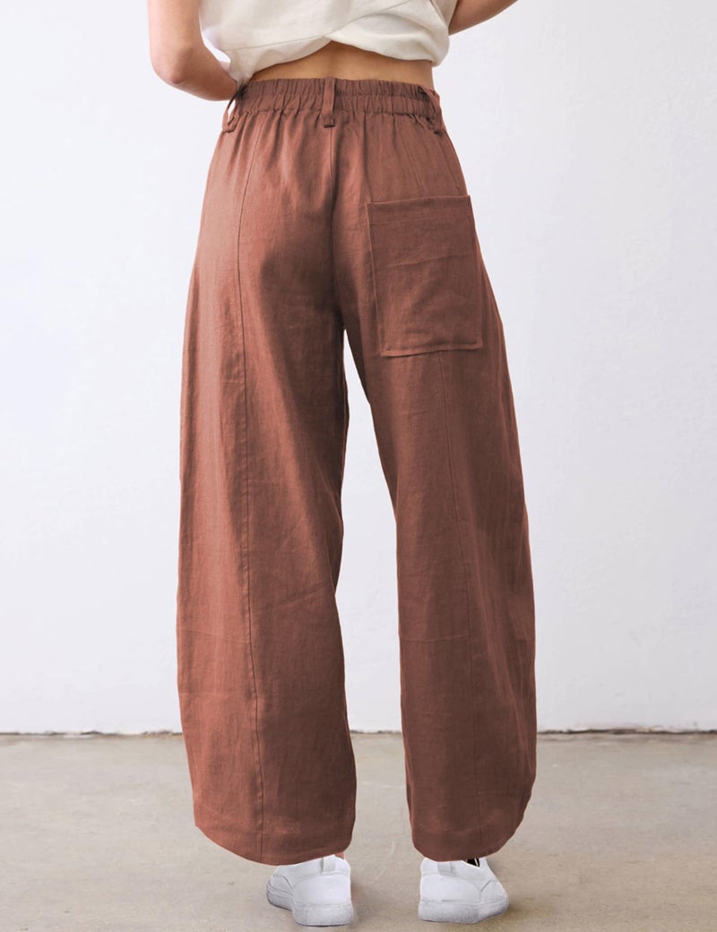 Tanming Womens Linen Pants Casual Capri Baggy Wide Leg Trousers Palazzo Pants Beach Vacation Outfits (Rust-L) - Image 3
