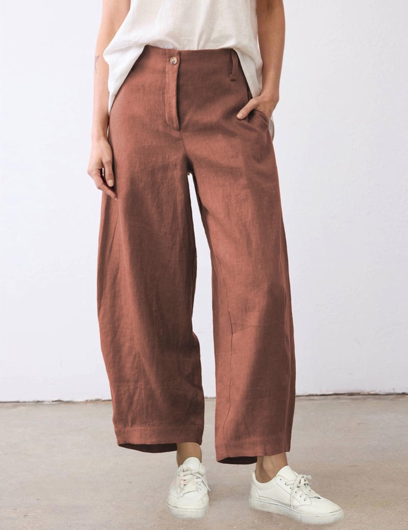 Tanming Womens Linen Pants Casual Capri Baggy Wide Leg Trousers Palazzo Pants Beach Vacation Outfits (Rust-L) - Image 2