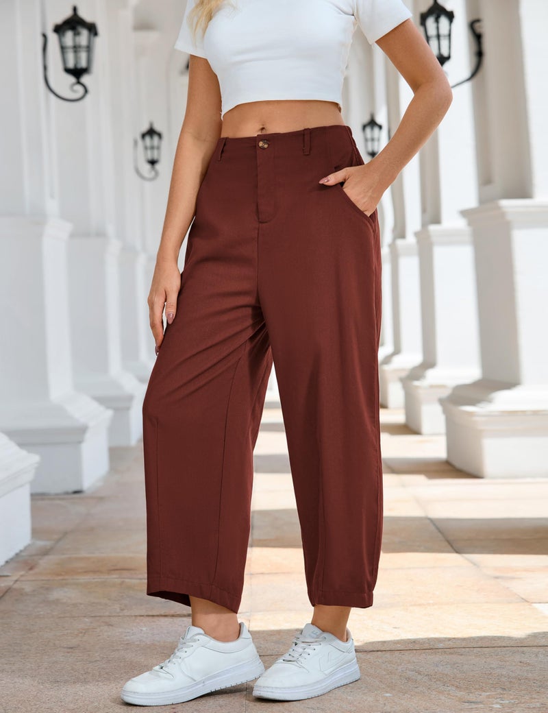 Tanming Womens Linen Pants Casual Capri Baggy Wide Leg Trousers Palazzo Pants Beach Vacation Outfits (Rust-L) - Image 4