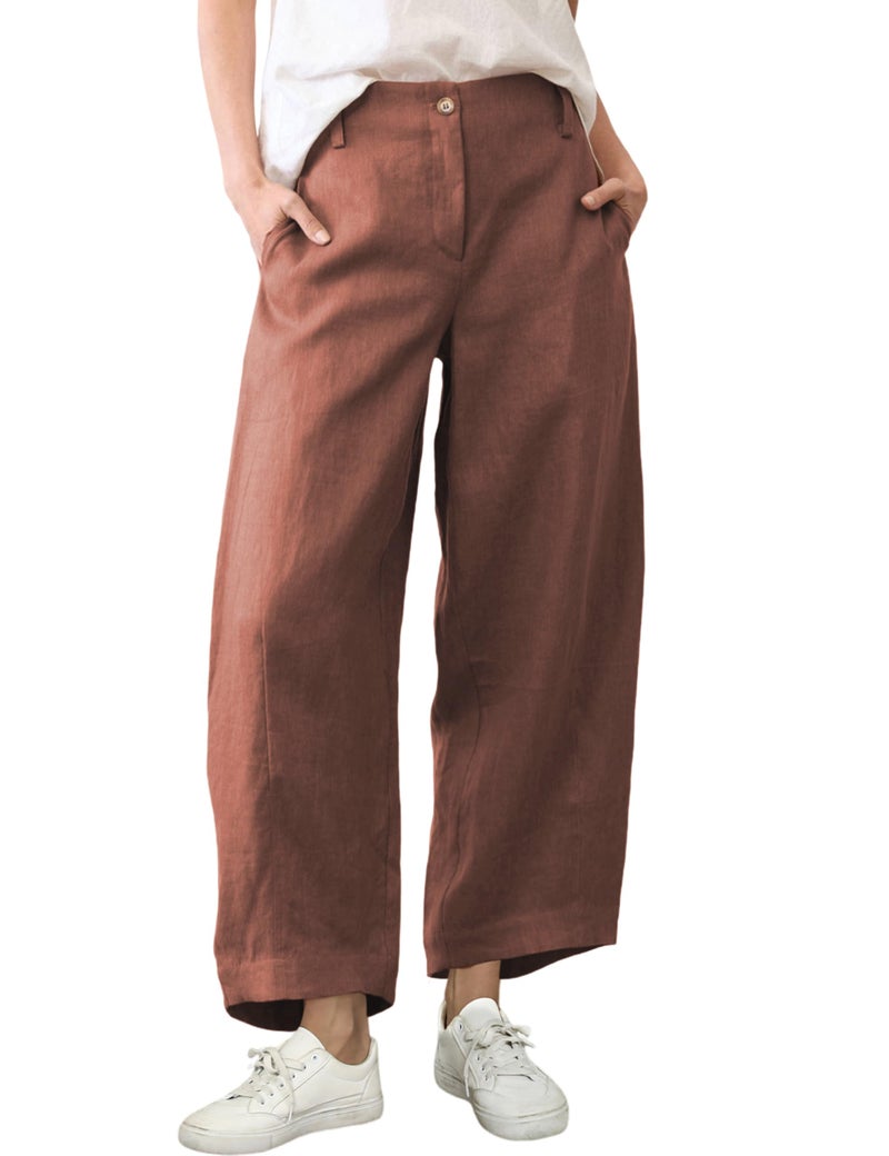 Tanming Womens Linen Pants Casual Capri Baggy Wide Leg Trousers Palazzo Pants Beach Vacation Outfits (Rust-L) - Image 1