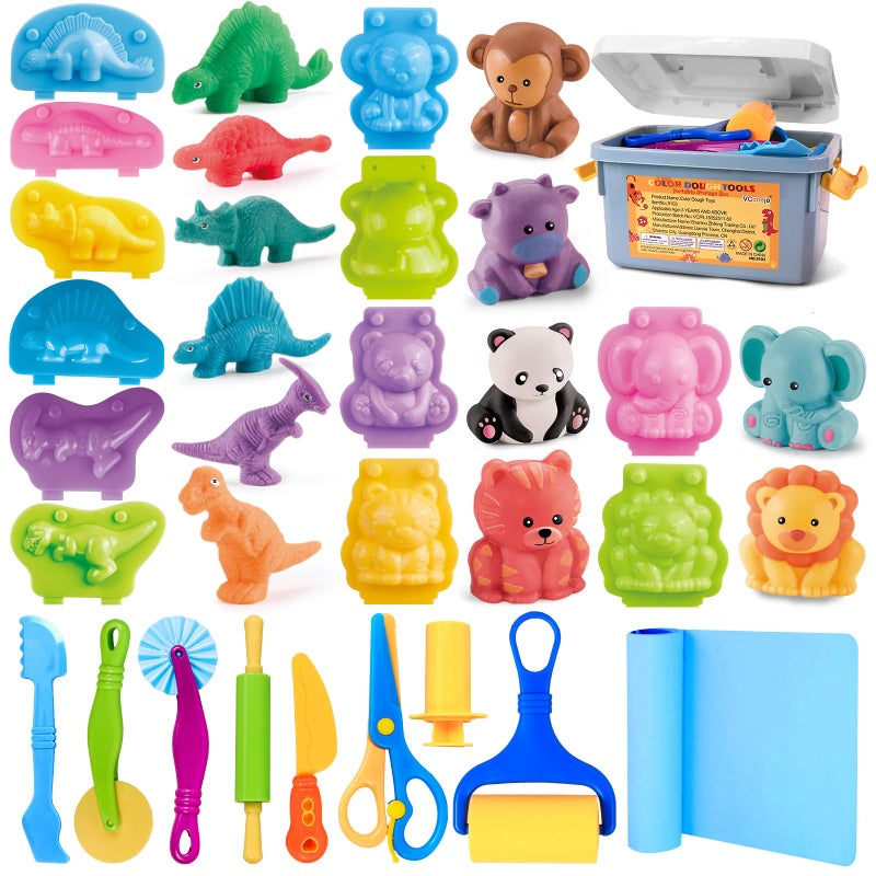 VConejo Dough Play Tools Sets For Kids  22Pcs Clay And Dough Accessories For Toddlers With Storage Box  Silicone Mat  Rolling Pins  Safety Scissors  Mini Knife 3D Dino & Animal Molds  Gift For Boys Girls - Image 1
