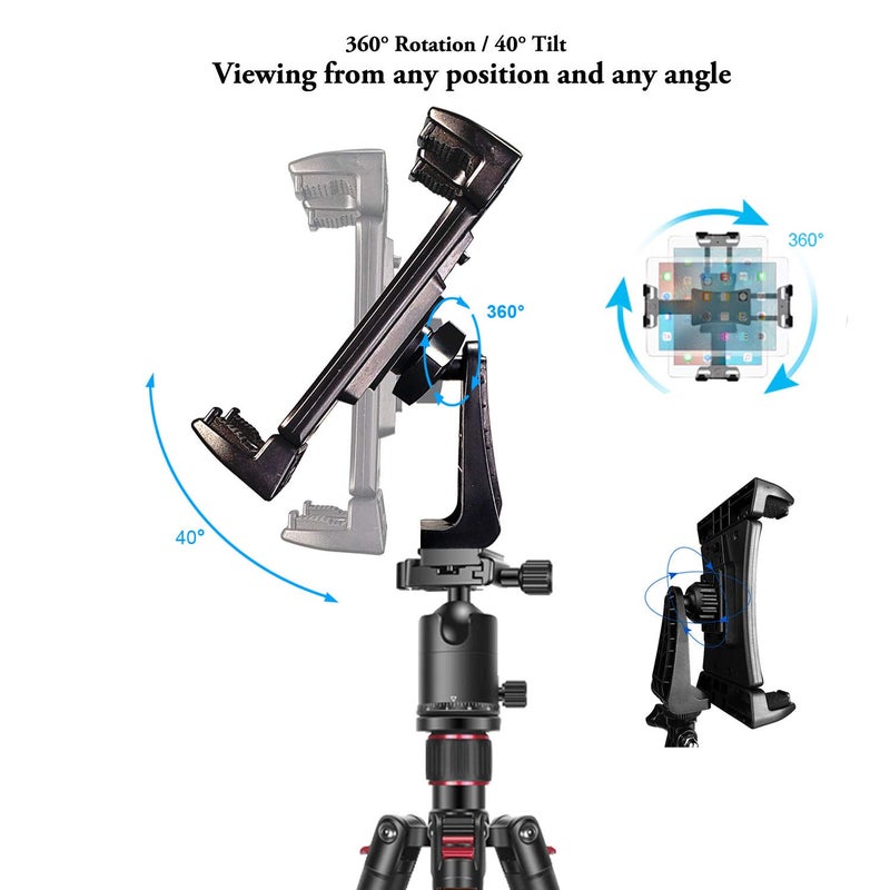 Peastrex IPad Tripod Mount Adapter 360 Degree Rotatable Universal Tablet Clamp Holder for iPad Pro 12.9 11 10.5, iPad Air Mini, Surface Tab, Galaxy Tab and 3.5 to 13.5in Phone Tablet, for Tripod, Monopod - Image 3