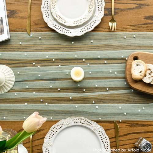 Artoid Mode Pearl Green Gauze Table Runner 120 Inch 10FT Seasonal Sheer Dining Holiday Wedding Birthday Baby Shower Table Decor for Home Party - Image 3