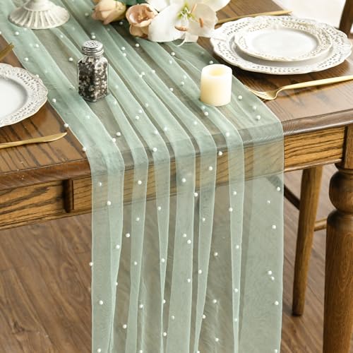 Artoid Mode Pearl Green Gauze Table Runner 120 Inch 10FT Seasonal Sheer Dining Holiday Wedding Birthday Baby Shower Table Decor for Home Party - Image 1