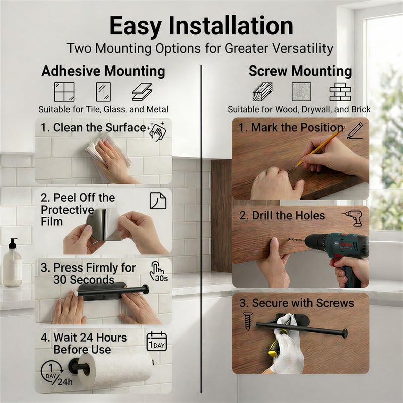 Funvolution Paper Towel Holder Under Cabinet, Self Adhesive or Screw Mount, Fits Most Standard US Paper Towel Rolls, SUS304 Stainless Steel, Black - Image 3