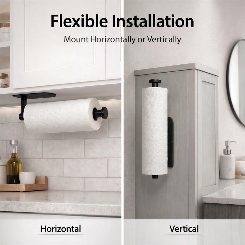 Funvolution Paper Towel Holder Under Cabinet, Self Adhesive or Screw Mount, Fits Most Standard US Paper Towel Rolls, SUS304 Stainless Steel, Black - Image 2
