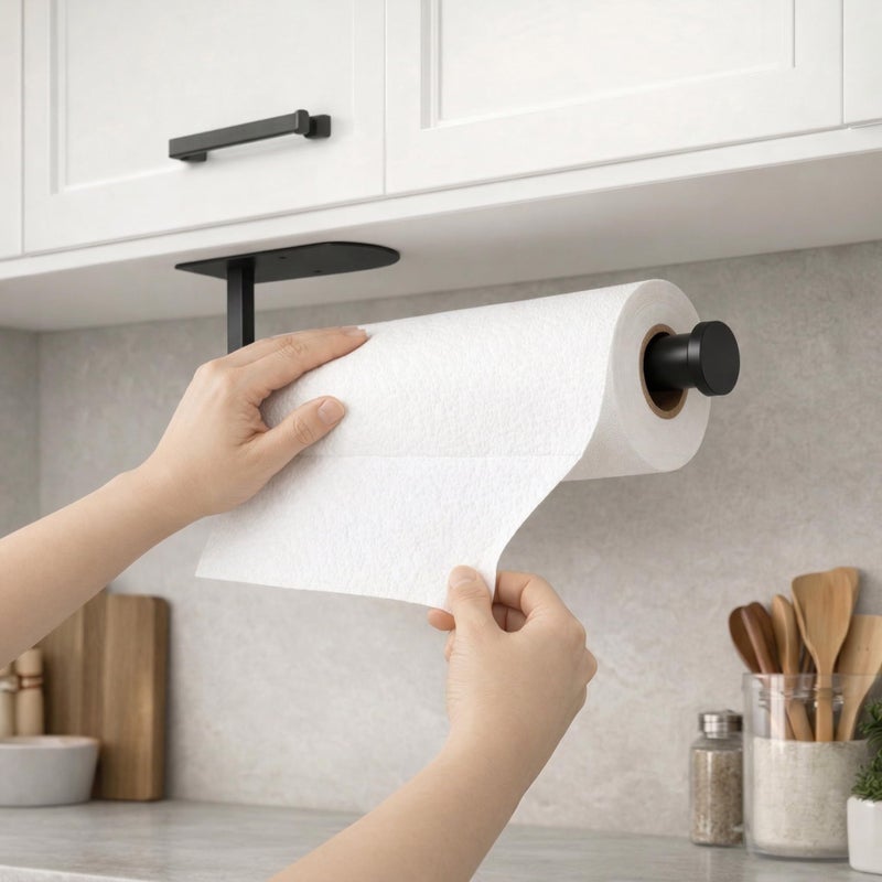Funvolution Paper Towel Holder Under Cabinet, Self Adhesive or Screw Mount, Fits Most Standard US Paper Towel Rolls, SUS304 Stainless Steel, Black - Image 1