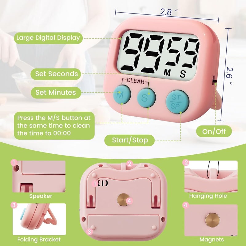 Glochin 2 Pcs Digital Timer for Kids, Magnetic Countdown Kitchen Timer, Upgrade Loud Alarm Timers for Cooking, Kitchen, Exercise, Work, Study, Classroom, Outdoor Activities, Battery not Including - Image 2