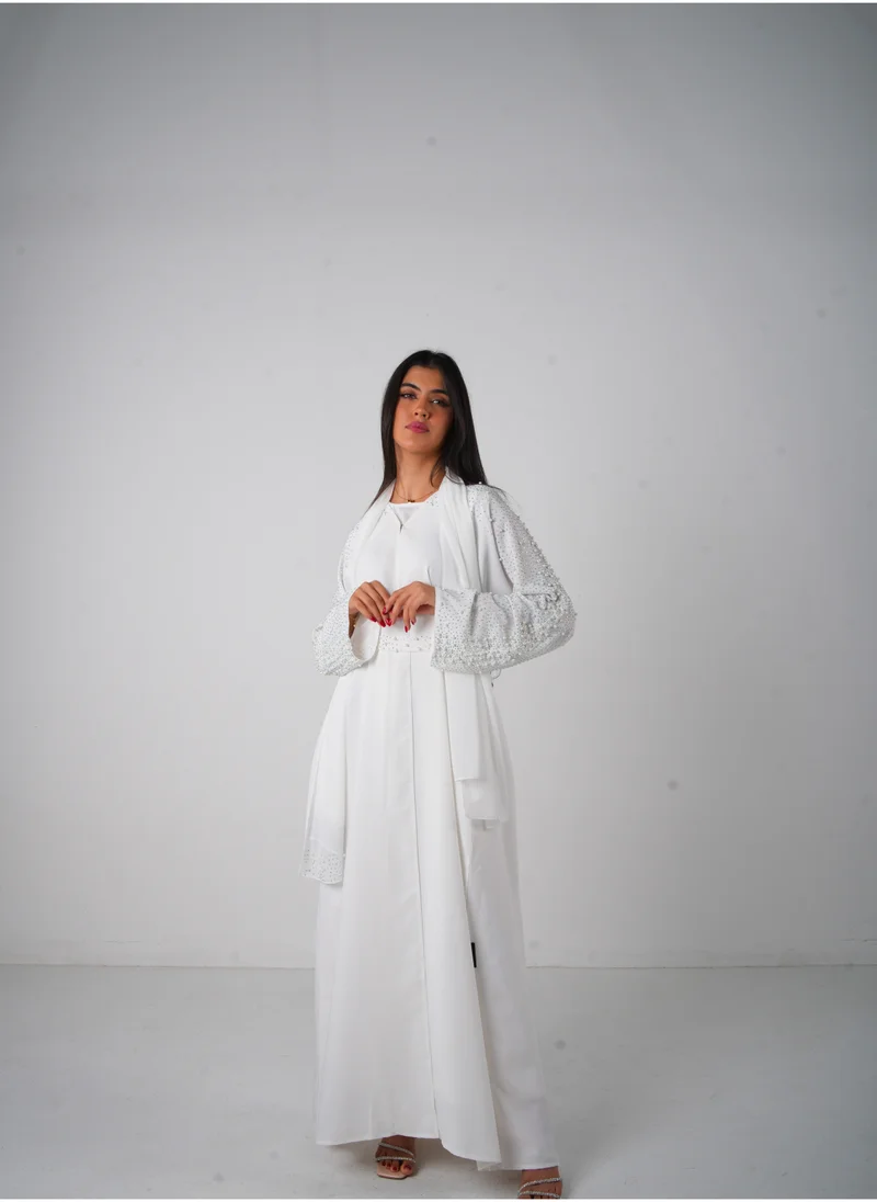 JAMEELA White Pearl Embellishment Open Abaya 3 pieces Set