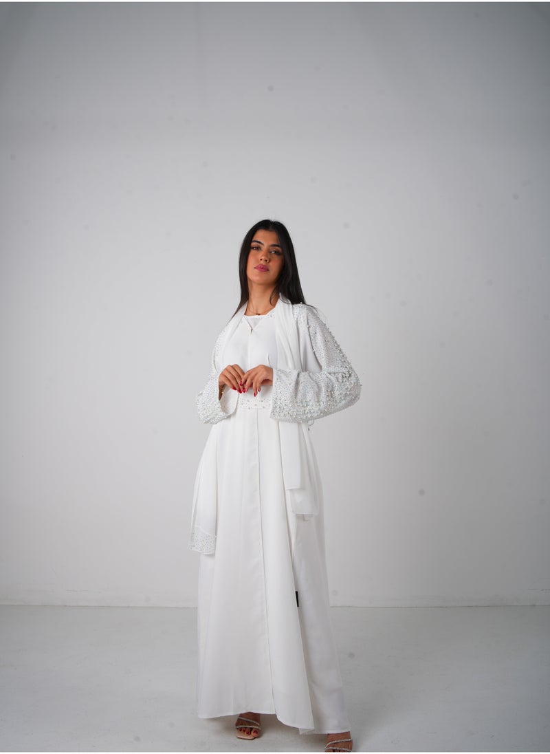 JAMEELA White Pearl Embellishment Open Abaya 3 pieces Set - Image 3