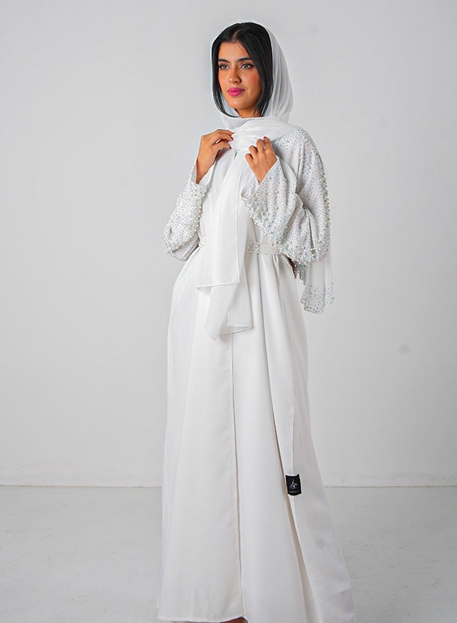 JAMEELA White Pearl Embellishment Open Abaya 3 pieces Set - Image 1