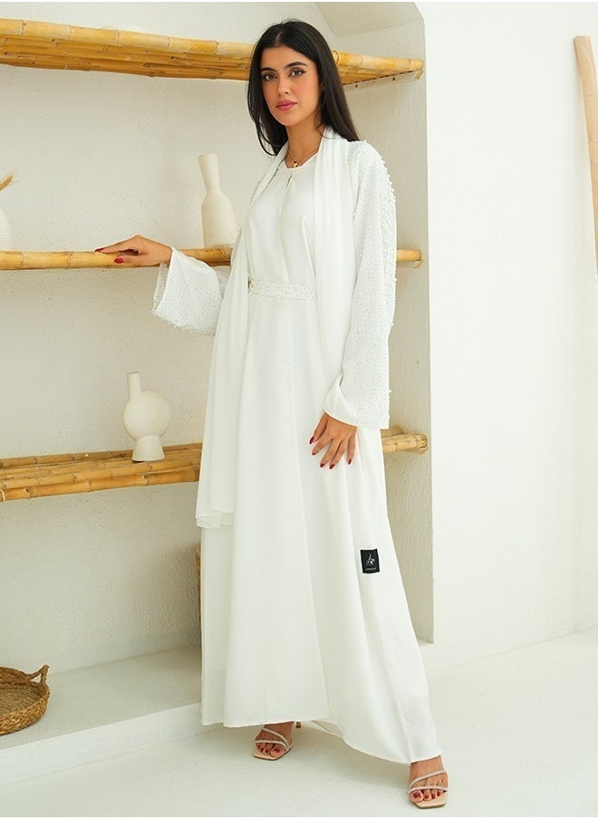 JAMEELA White Pearl Embellishment Open Abaya 3 pieces Set - Image 2