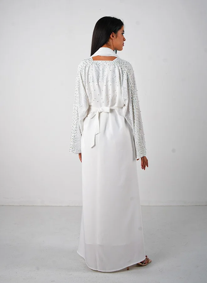 JAMEELA White Pearl Embellishment Open Abaya 3 pieces Set