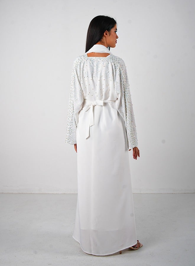 JAMEELA White Pearl Embellishment Open Abaya 3 pieces Set - Image 4