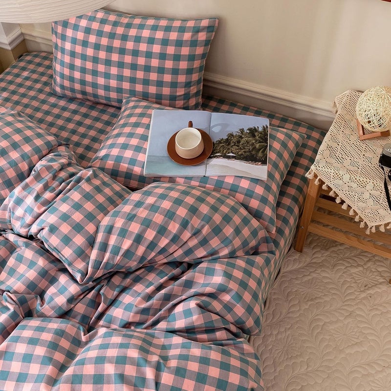 mixinni Plaid Duvet Cover Set King Purple - Soft Washed Cotton Modern Geometric Bedding Set with 2 Pillowcases, Pink Blue Gingham Grid King Duvet Cover for Men & Women, Soft & Lightweight - Image 5