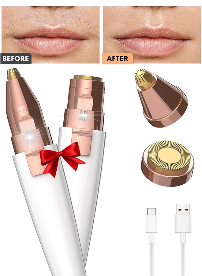 ماكينة تشذيب الحواجب الكهربائية USB 2 في 1 لإزالة شعر الوجه، وماكينة حلاقة للوجه قابلة لإعادة الشحن، تشذيب الحواجب وجهاز إزالة الشعر الآمن تمامًا مع ضوء للأنف والشفتين والوجه والجسم والحواجب وإزالة شعر الوجه للنساء - Image 1