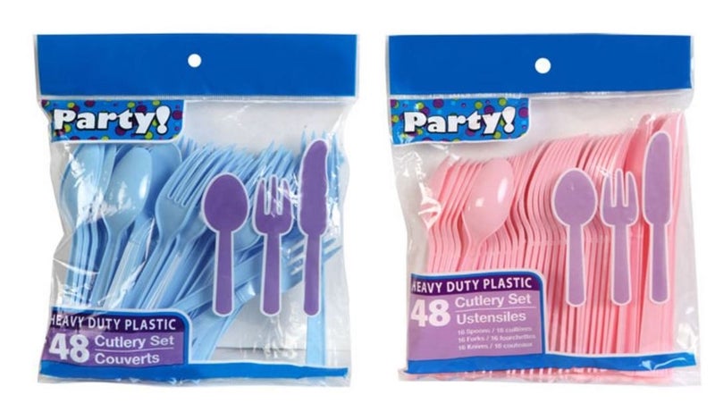 Baby Blue Light Pink Heavy Duty Plastic Cutlery Sets 16 Spoons 16 Forks 16 Knives 2 packs of 48 each 96 pcs total One Blue One Pink