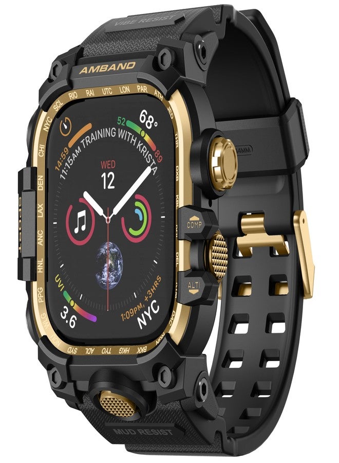 امباند حافظة amBand متينة مع سوار لساعة Apple Watch مقاس 44 مم، متوافقة مع iWatch Series SE 3/SE الجيل الثاني/SE/6/5/4، غطاء ممتص للصدمات بدرجة عسكرية، سوار تكتيكي للرجال، أسود ذهبي - Image 1