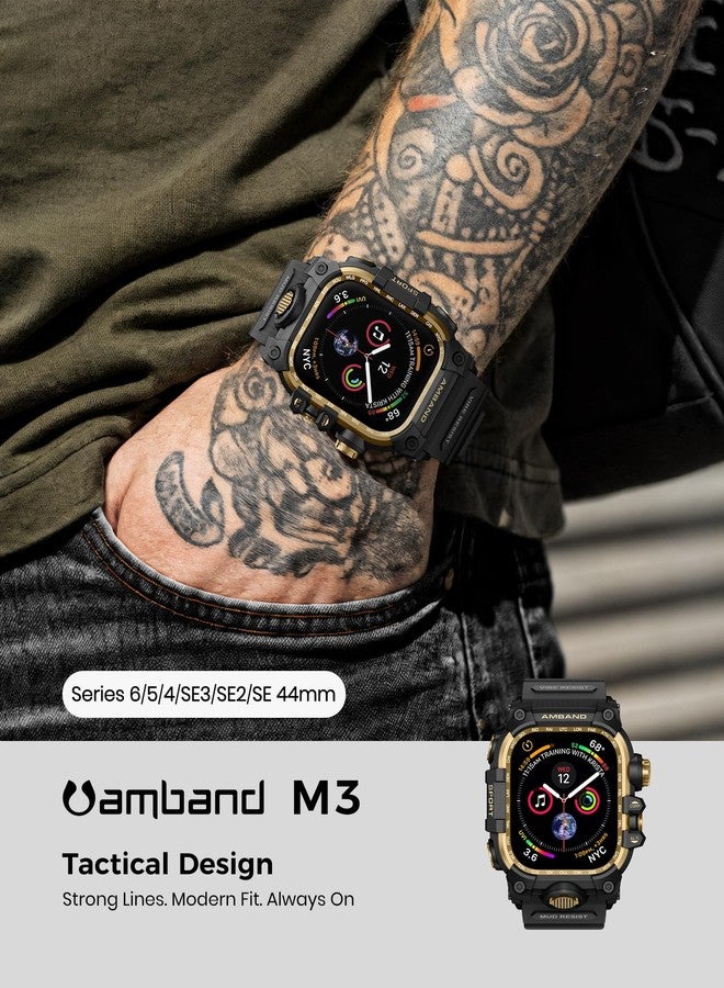 امباند حافظة amBand متينة مع سوار لساعة Apple Watch مقاس 44 مم، متوافقة مع iWatch Series SE 3/SE الجيل الثاني/SE/6/5/4، غطاء ممتص للصدمات بدرجة عسكرية، سوار تكتيكي للرجال، أسود ذهبي - Image 3