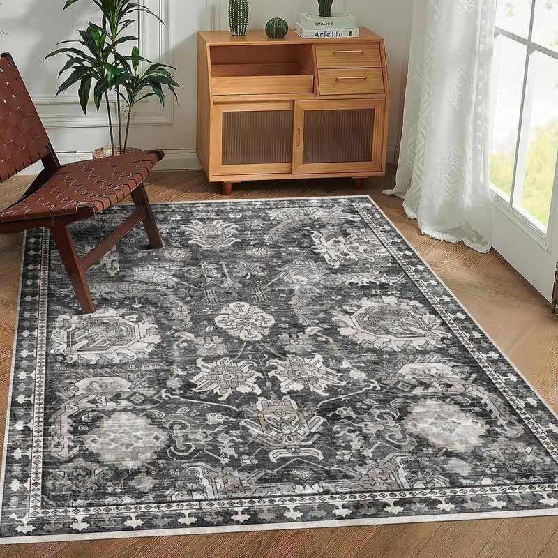 RUGSURE 5x7 Washable Area Rugs - Perfect Resistant Rug for Living Room, Bedroom, Kids Room, Nursery - Stain & Water Resistant Non-Slip, Pet & Child Friendly, Vintage Tribal Area Rugs (Grey, 5'x7') - Image 5