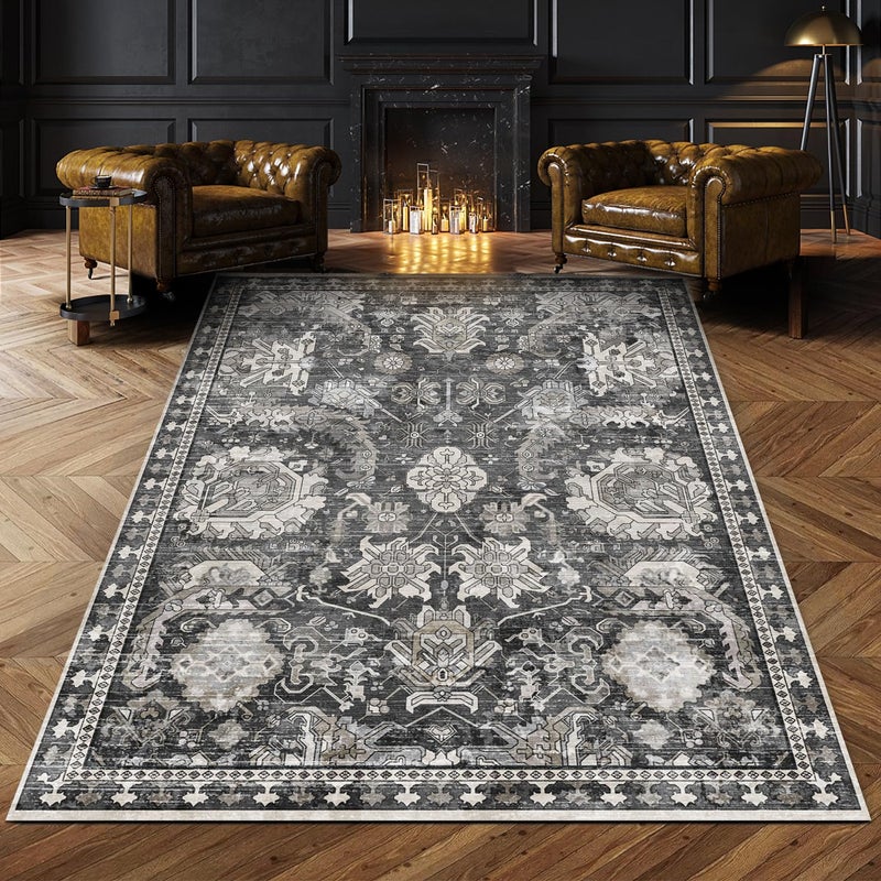 RUGSURE 5x7 Washable Area Rugs - Perfect Resistant Rug for Living Room, Bedroom, Kids Room, Nursery - Stain & Water Resistant Non-Slip, Pet & Child Friendly, Vintage Tribal Area Rugs (Grey, 5'x7') - Image 1