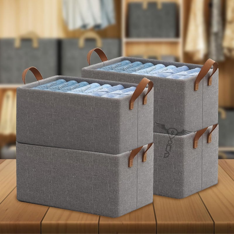 SITTELLA 4 Pieces Foldable Wardrobe Organizer with Durable Handle Stuff Storage Box Closet Drawer Organizers for Clothes Toys Books Blanket Grey - Image 1