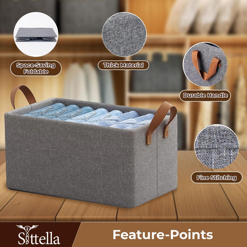 SITTELLA 4 Pieces Foldable Wardrobe Organizer with Durable Handle Stuff Storage Box Closet Drawer Organizers for Clothes Toys Books Blanket Grey - Image 3