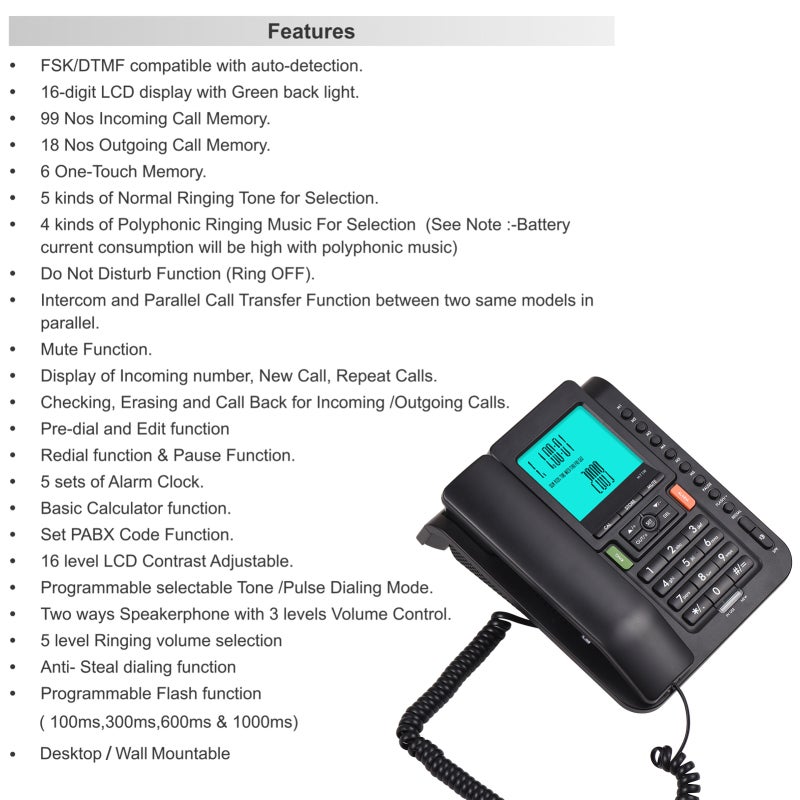 Corded Phone Desk Landline Phone Telephone DTMF/FSK Dual System One Button Memory Button Support Hands-Free/Redial/Flash/Speed Dial/Ring Volume Control High Quality Sound Real-time Date Large Screen for Elderly Seniors Home Office Business Hotel Blac - Image 4