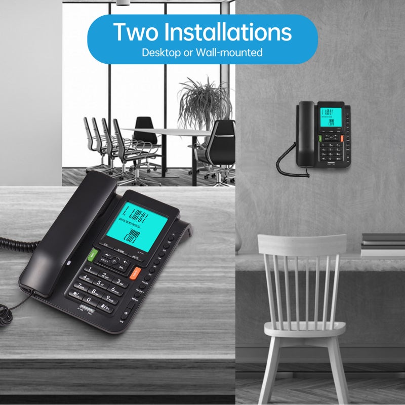 Corded Phone Desk Landline Phone Telephone DTMF/FSK Dual System One Button Memory Button Support Hands-Free/Redial/Flash/Speed Dial/Ring Volume Control High Quality Sound Real-time Date Large Screen for Elderly Seniors Home Office Business Hotel Blac - Image 3