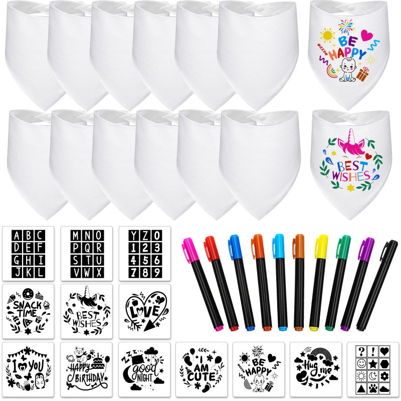 مجموعة جوتوم 38 قطعة من المرايل البيضاء للأطفال تشمل 14 مريلة بيضاء قابلة للتصميم و10 أقلام طلاء قماش و14 قالب و2 طبقة من القطن هدايا ألعاب حفلات استقبال الأطفال للأولاد والبنات في حفلات الكشف عن الجنس
