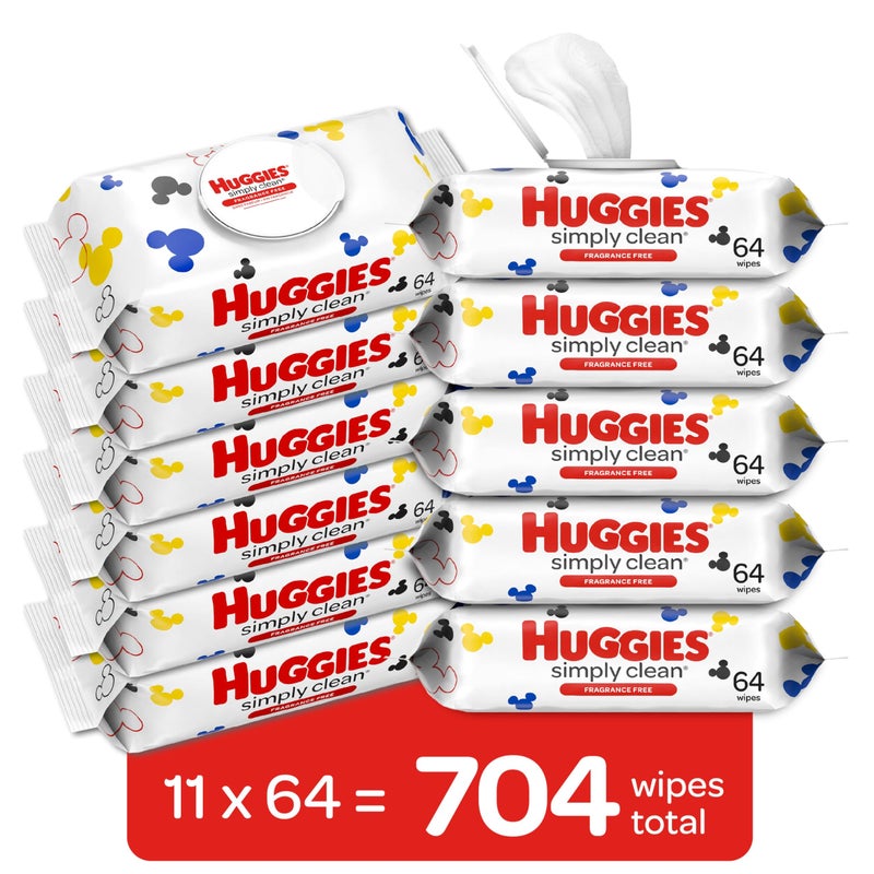Huggies Simply Clean Unscented Baby Diaper Wipes, 11 Flip-Top Packs (704 Wipes Total), Packaging May Vary - Image 2