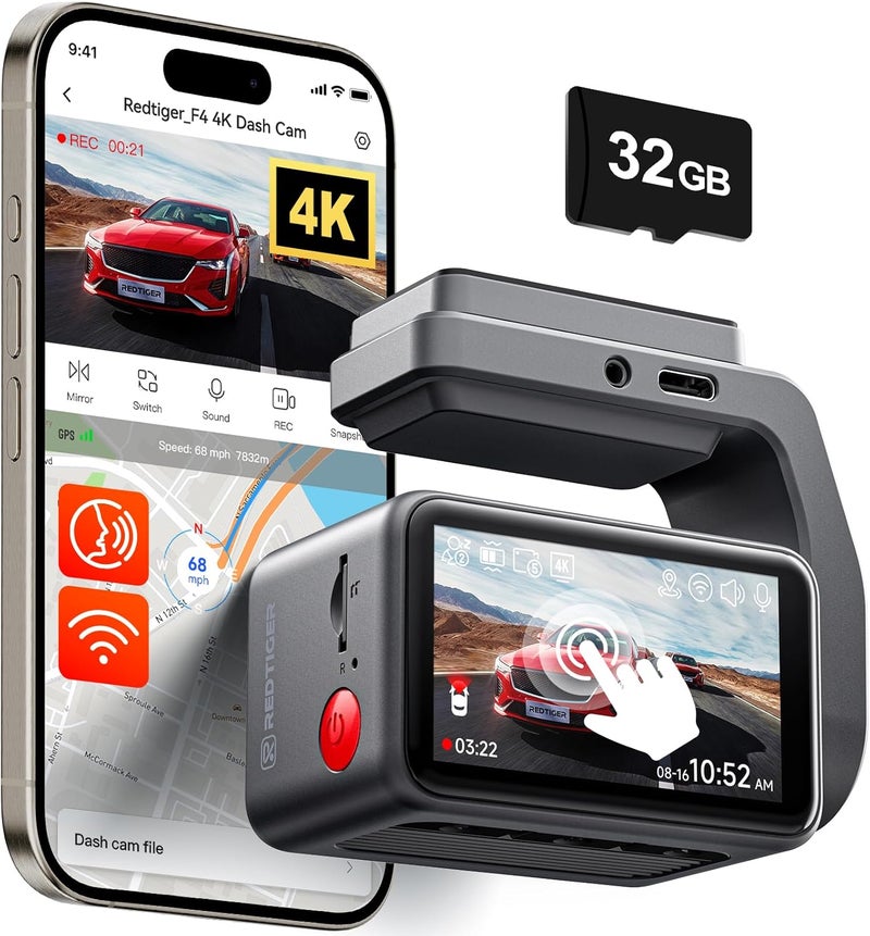 REDTIGER F4 4K Dash Cam with 2.2 Inch Touch Screen, Voice Control, Night Vision, GPS, and 32GB Card - Image 1