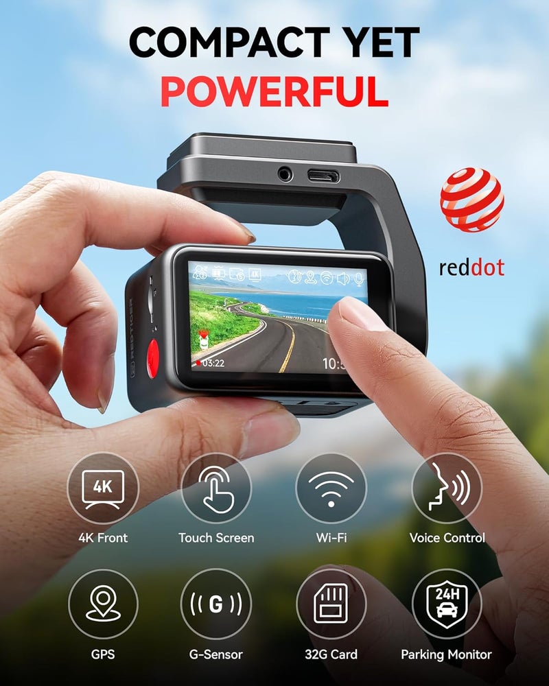 REDTIGER F4 4K Dash Cam with 2.2 Inch Touch Screen, Voice Control, Night Vision, GPS, and 32GB Card - Image 2