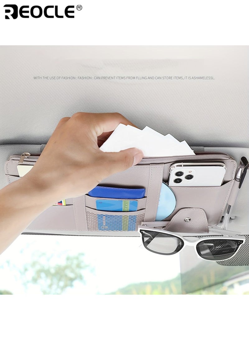 REOCLE Beige Car Visor Organizer Fashion Glasses Clip Multi-Pocket Storage Car Organizer Durable Material PU Leather Document Holder for Smartphones Cards and Essentials - Image 3