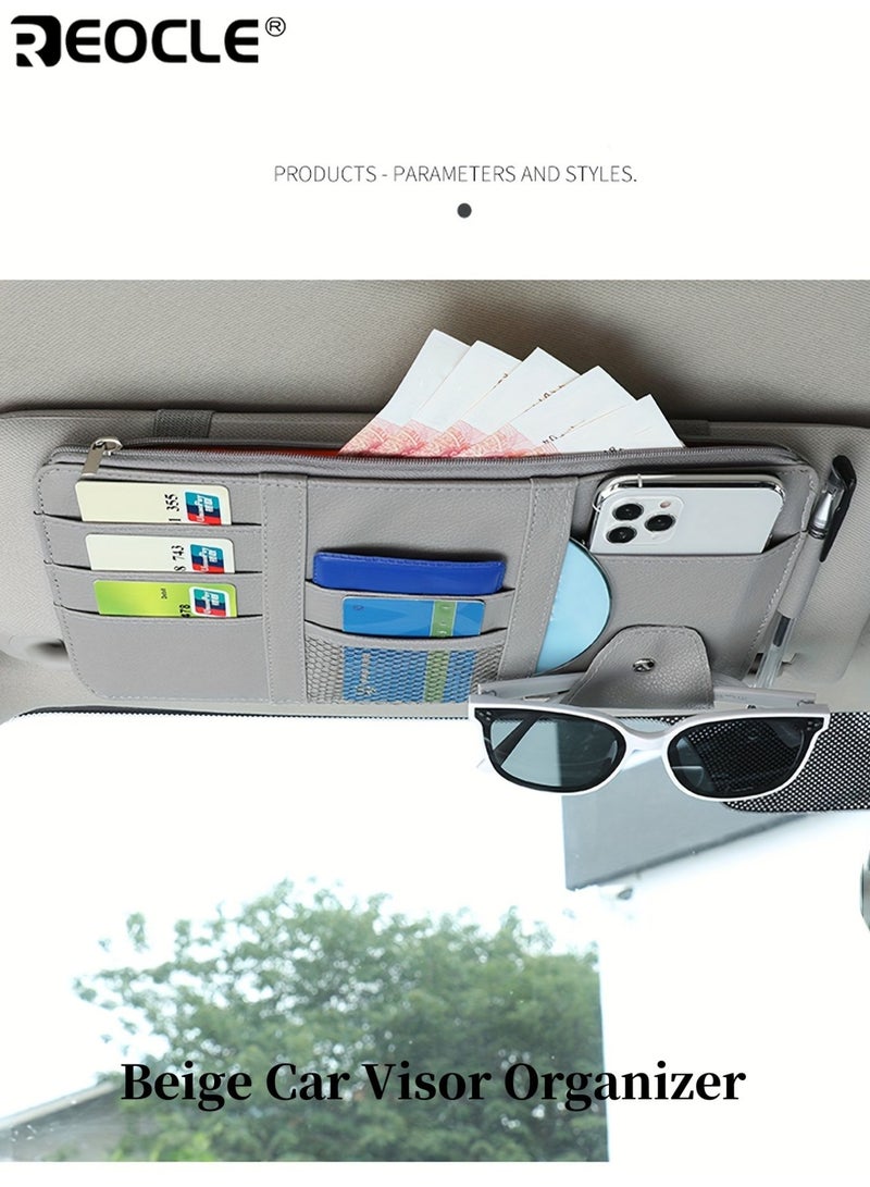 REOCLE Beige Car Visor Organizer Fashion Glasses Clip Multi-Pocket Storage Car Organizer Durable Material PU Leather Document Holder for Smartphones Cards and Essentials - Image 1