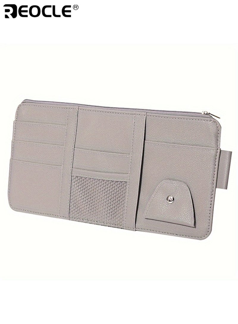 REOCLE Beige Car Visor Organizer Fashion Glasses Clip Multi-Pocket Storage Car Organizer Durable Material PU Leather Document Holder for Smartphones Cards and Essentials - Image 5