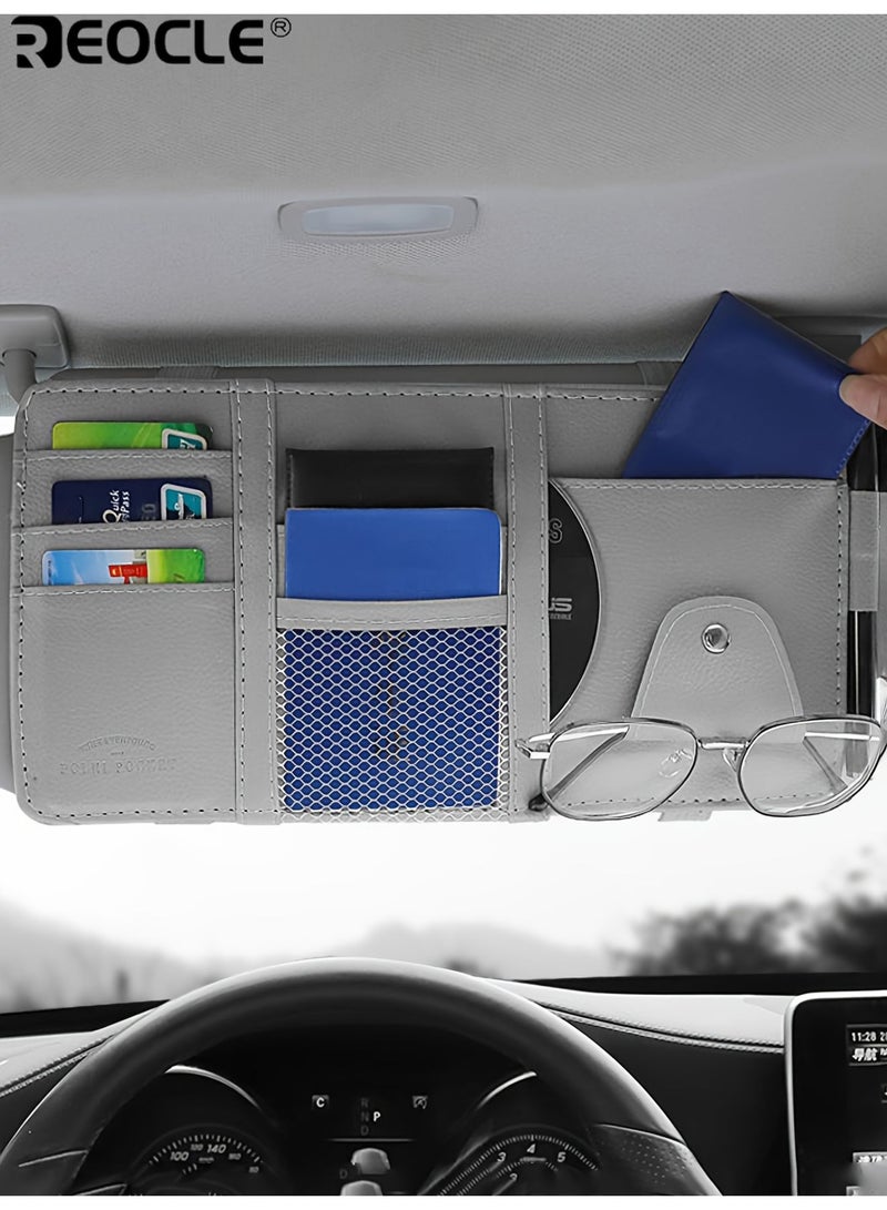 REOCLE Beige Car Visor Organizer Fashion Glasses Clip Multi-Pocket Storage Car Organizer Durable Material PU Leather Document Holder for Smartphones Cards and Essentials - Image 4