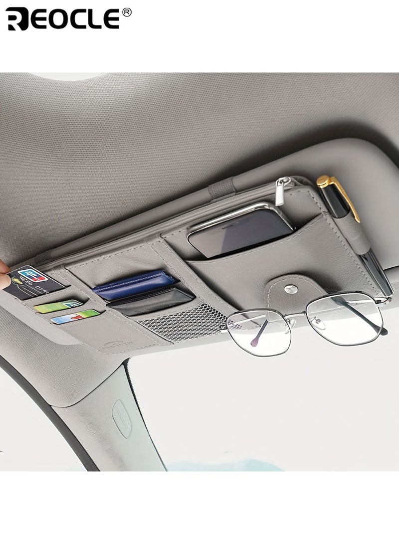 REOCLE Beige Car Visor Organizer Fashion Glasses Clip Multi-Pocket Storage Car Organizer Durable Material PU Leather Document Holder for Smartphones Cards and Essentials - Image 2