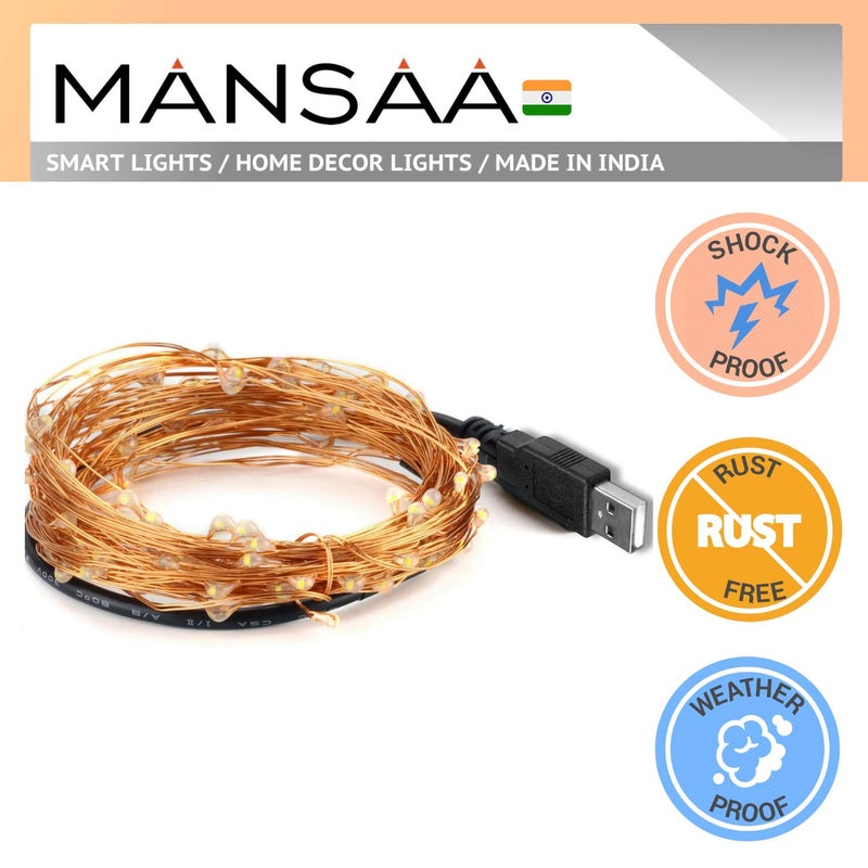 MANSAA MANSAA Lights for Decoration 18 Months Warranty 10 Meter 100 LEDs Fairy Lights for Room Decoration Led Lights for Decoration Decoration Light String Lights USB Operated Yellow Pack of 1 - Image 3