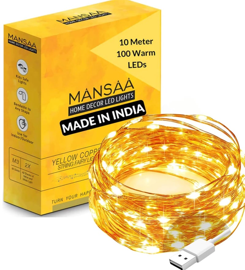 MANSAA MANSAA Lights for Decoration 18 Months Warranty 10 Meter 100 LEDs Fairy Lights for Room Decoration Led Lights for Decoration Decoration Light String Lights USB Operated Yellow Pack of 1 - Image 1