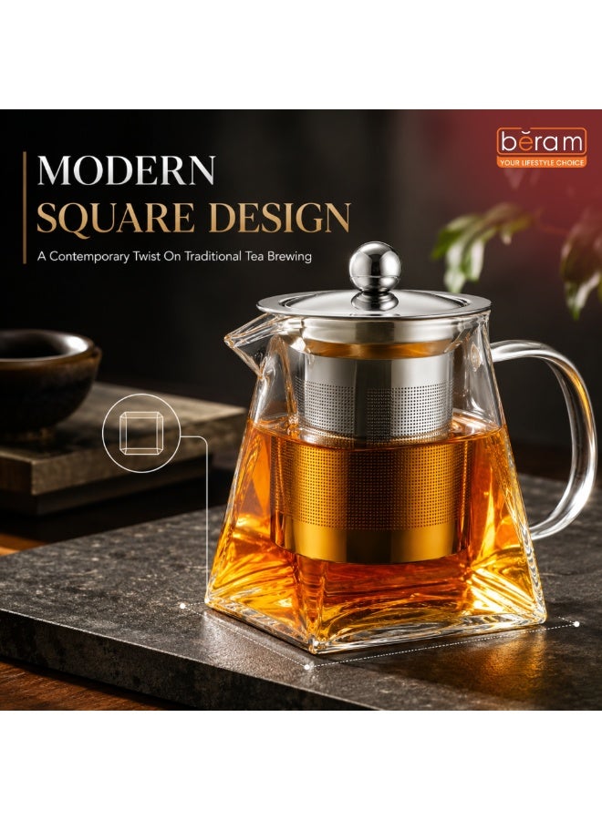 BERAM Glass Teapot with Removable 18/8 Stainless Steel Infuser – 550ml Borosilicate Glass Tea Kettle with Square Base, Stovetop Safe, Handcrafted Loose Leaf Tea Maker for Home or Office - Image 2