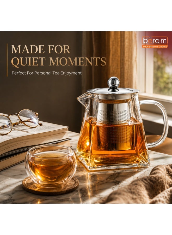 BERAM Glass Teapot with Removable 18/8 Stainless Steel Infuser – 550ml Borosilicate Glass Tea Kettle with Square Base, Stovetop Safe, Handcrafted Loose Leaf Tea Maker for Home or Office - Image 3