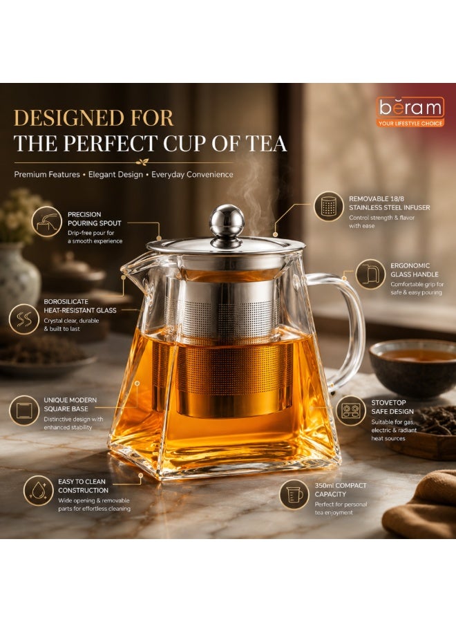 BERAM Glass Teapot with Removable 18/8 Stainless Steel Infuser – 550ml Borosilicate Glass Tea Kettle with Square Base, Stovetop Safe, Handcrafted Loose Leaf Tea Maker for Home or Office - Image 5