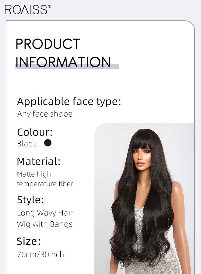 رويس شعر مستعار أسود طويل مموج، شعر مستعار نسائي طبيعي ناعم مقاوم للحرارة مع غرة لحفلات الزفاف والارتداء اليومي، 76 سم (30 بوصة) - Image 3