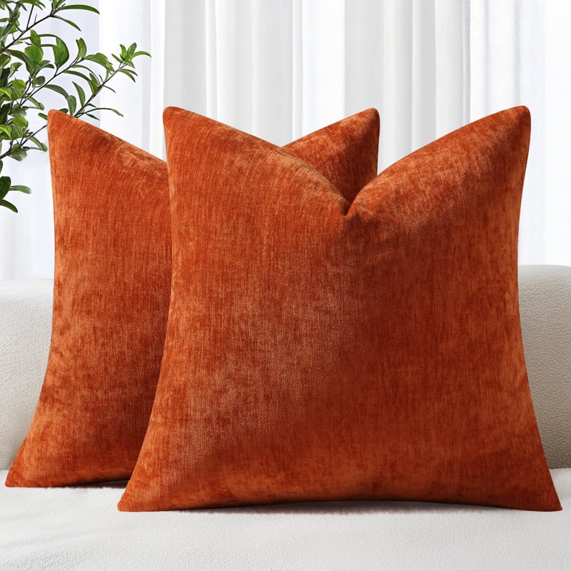 decorUhome Chenille Rust Fall Throw Pillow Covers 18x18 Inch Set of 2 Decorative Soft Couch Pillow Covers Solid Dyed Accent Farmhouse Neutral Square Pillow Cases for Sofa Bed Living Room