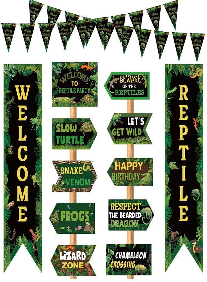 Woosytoo 14 Pcs Reptile Birthday Party Decorations Swamp Lizard Snake Porch Banner Triangle Flag Welcome Reptile Yard Signs for Kids Reptile Themed Birthday Party Backdrop Photo Props Supplies Decor - Image 1
