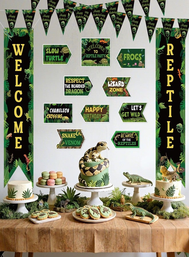Woosytoo 14 Pcs Reptile Birthday Party Decorations Swamp Lizard Snake Porch Banner Triangle Flag Welcome Reptile Yard Signs for Kids Reptile Themed Birthday Party Backdrop Photo Props Supplies Decor - Image 3
